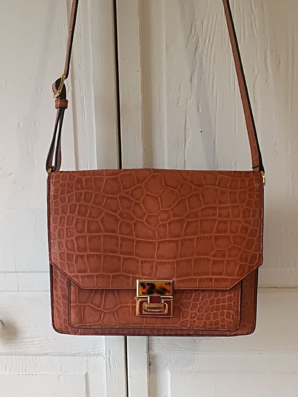Ivanka Trump Croc-Embossed Tan Leather Shoulder Bag